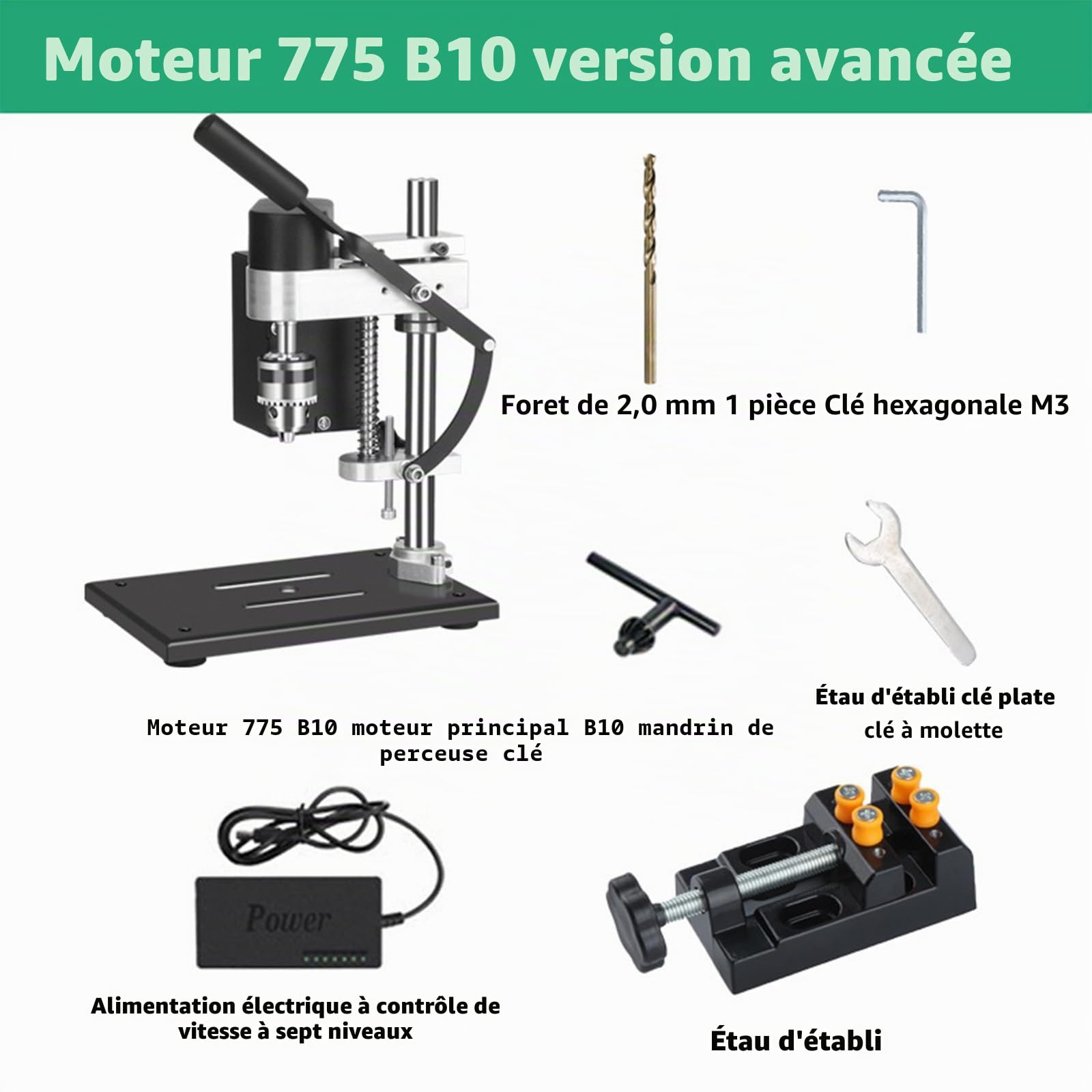 Mini Perceuse à Colonne d'établi, 200W 7 Vitesses Mini perceuse d'établi Perceuse Electrique Multifonction Réglage Hauteur 50mm Kit Table De Perceuse Forage De Banc
