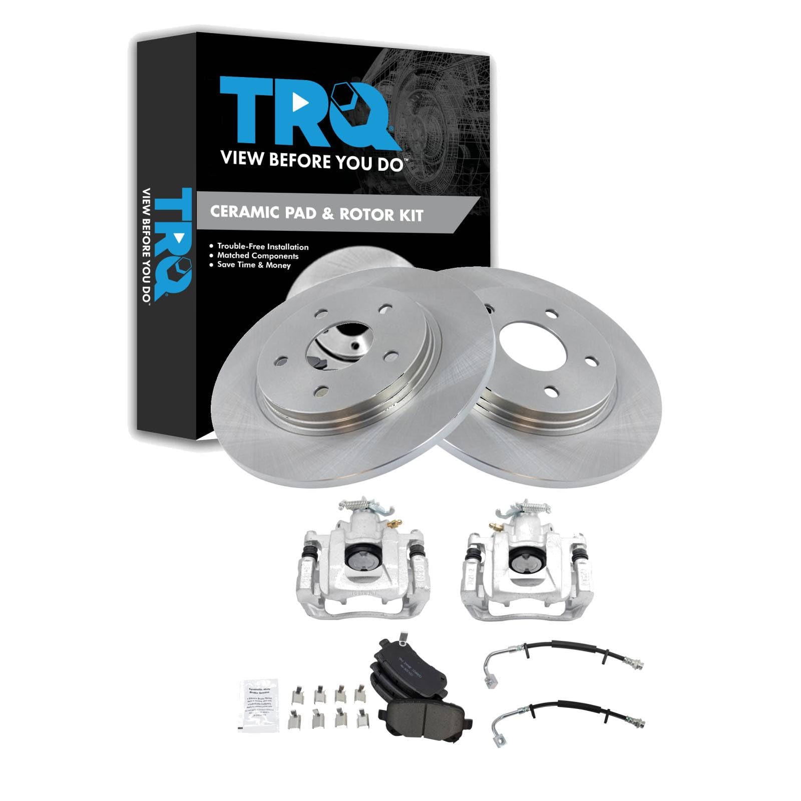 TRQ Rear Brake Pad and Rotor Set Ceramic Rotors Calipers Hoses Compatible with 2011-2012 Chrysler Town &amp; Country Grand Caravan Volkswagen Routan 2012 Ram Cargo Van