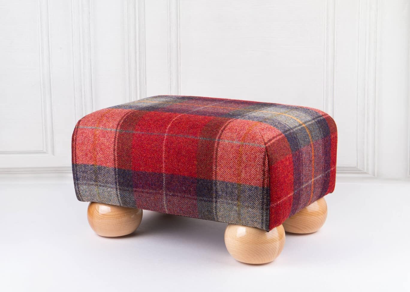 Small Footstool, Red Tartan Fabric, Natural Wood Bun Feet, Dimensions 13" x 9" x 8" (high), Weight 3kg
