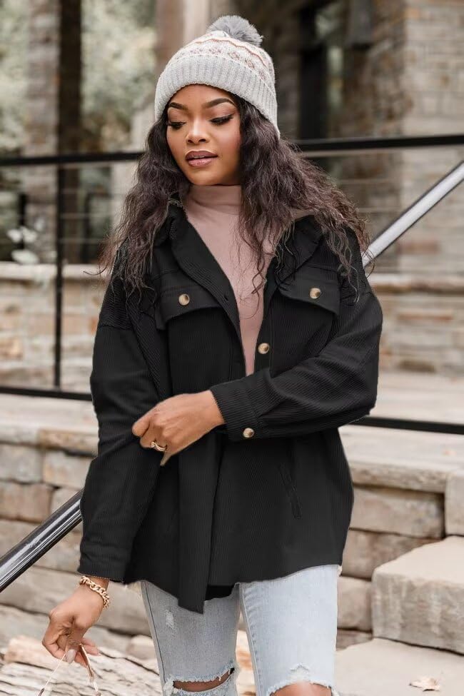 VICHYIE Womens Corduroy Shacket Blouses Button Down Shirts Pocket Long Sleeves Tops Jacket Coats - Image 3