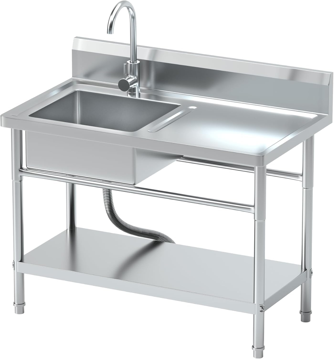 Stainless Steel Utility Sink, Commercial Single Bowl with Hot & Cold Water Lines, Drain Kit + Base Plate for Kitchen, Garage
