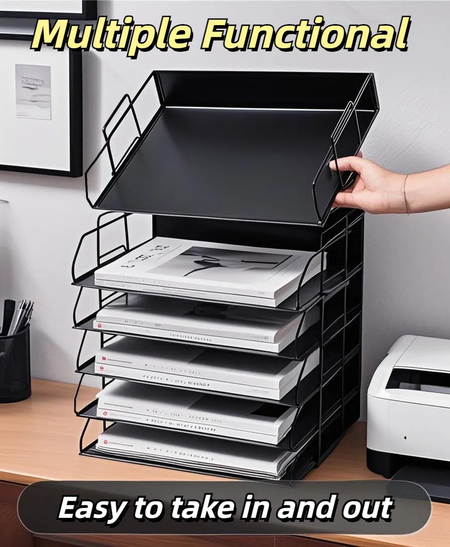 YFS Organizador de papel de 4 niveles con asa, bandeja de malla para escritorio y cartas, organizador de papel para cartas A4, para el hogar, oficina, suministros escolares (4, retrato y negro)