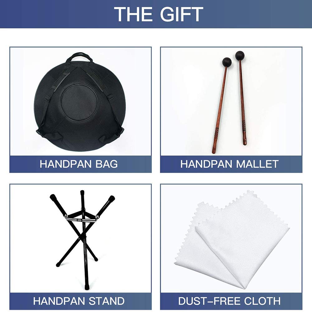 PROPFE Instrumento de Tambor de handpan, handpan en re Menor 10 Notas, Tambor de Mano de Acero de 22 Pulgadas con Bolsa de handpan Suave, 2 martillos de handpan, Soporte de handpan.