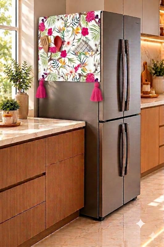 Image of WWW.THROWPILLOW.IN Four Door Fridge Cover 400+L |450 GSM Durable Fridge Top Cover with Tassels |Fits Godrej, LG, Haier, Samsung Fridge Models | Refrigerator Cover Mat in Neutral Floral Print |