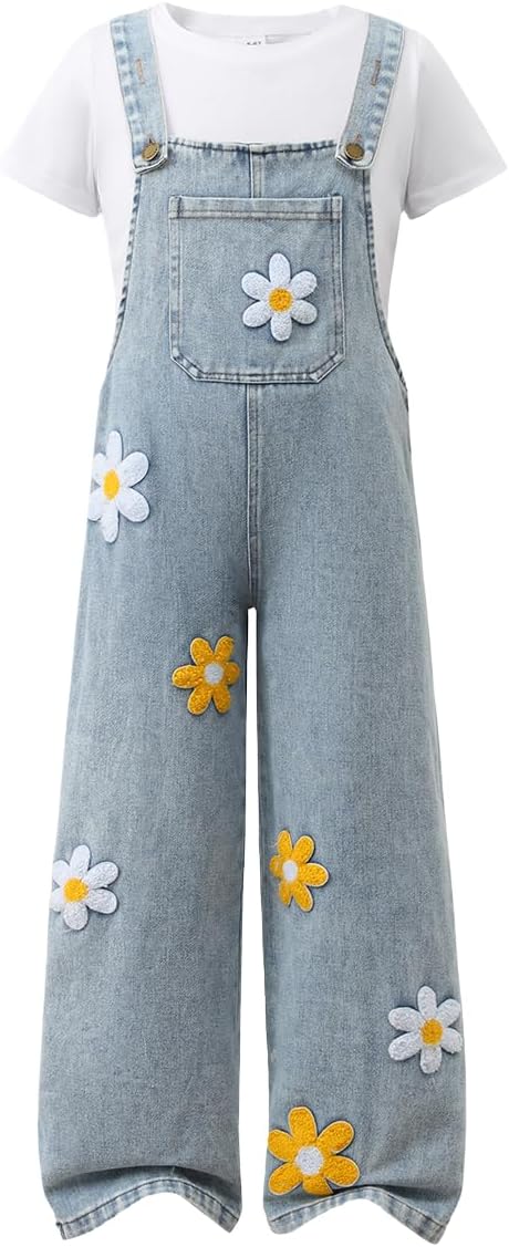 OLMRJKD Toddler Girl Summer Clothes Short Sleeve Denim Overall Jumpsuit with Top Girls Spring Outfits Set