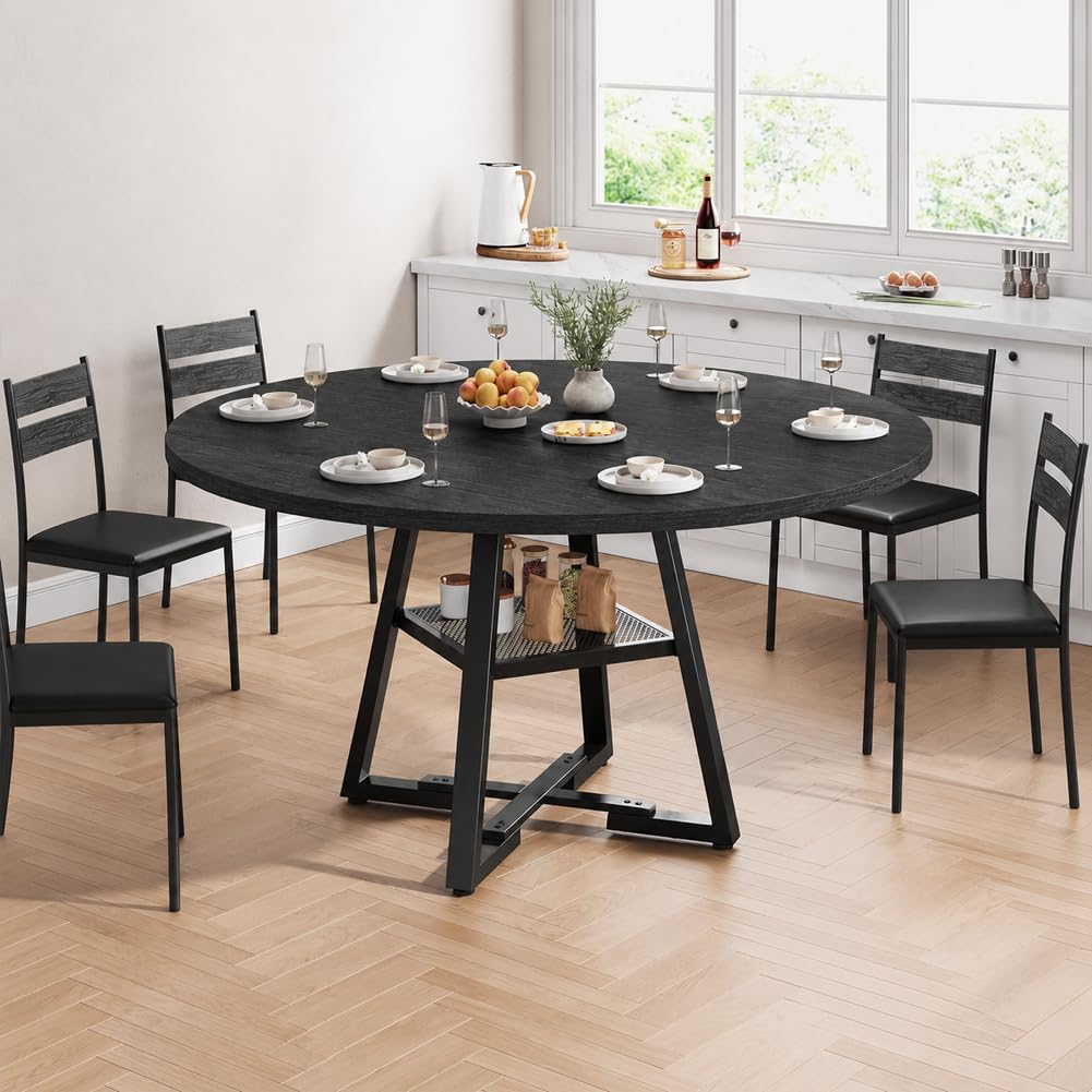 Shally Dogan Tavolo Rotondo per Sala da Pranzo e Cucina Diametro 120cm, Gambe in Metallo con Ripiano Portaoggetti Inferiore e Piano in Legno, Ideale per Casa e Ufficio (Nero)