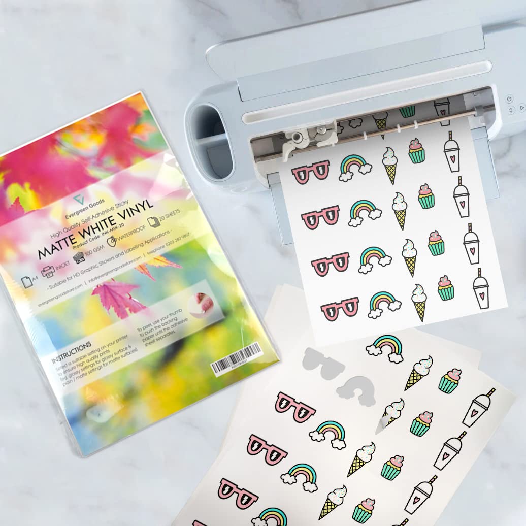 Evergreen Goods 10 Sheets Printable Sticker Vinyl for Cricut Cutters | Matte White A4 Waterproof | Inkjet Printing | Die Cutting/Plotting Machines - Silhouette Brother Gemini | Make Stickers at Home