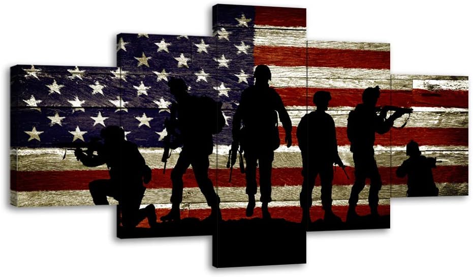 Large Size USA US American Flag Military Soldier Army Wall Art Canvas Print Thin Red Line Home Decor Decal Pictures for Living Room Bedroom 5 Panel Poster Painting Framed Ready to Hang(70"Wx40"H, 26)