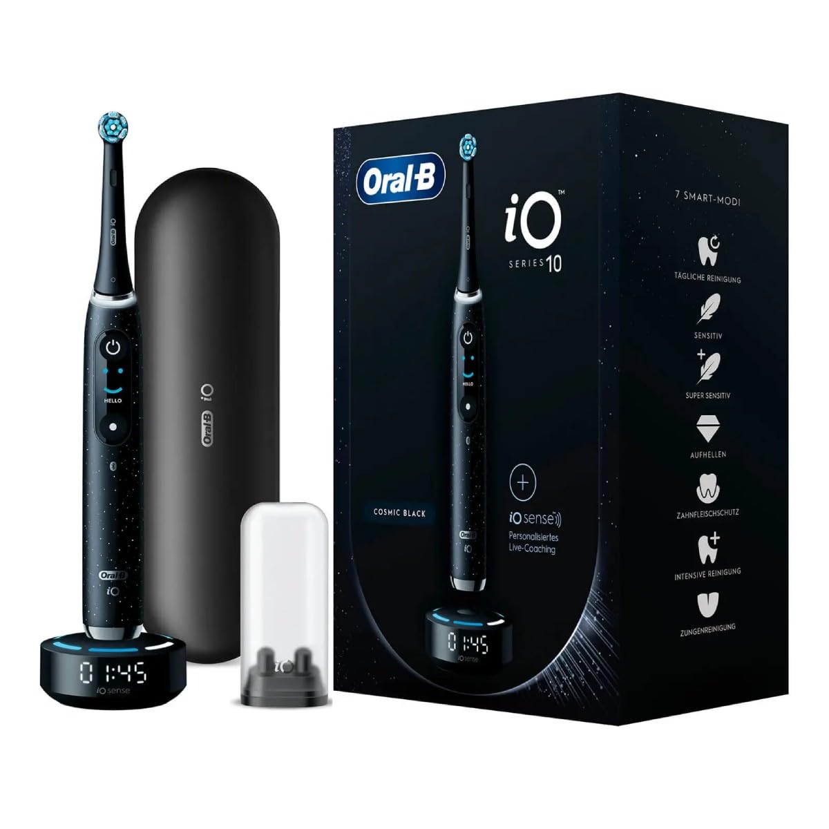 Oral-B iO Series 10 Electric Toothbrush, 7 Cleaning Modes for Dental Care, iOSense, Colour Display, Charging Travel Case, Designed by Braun, Cosmic Black