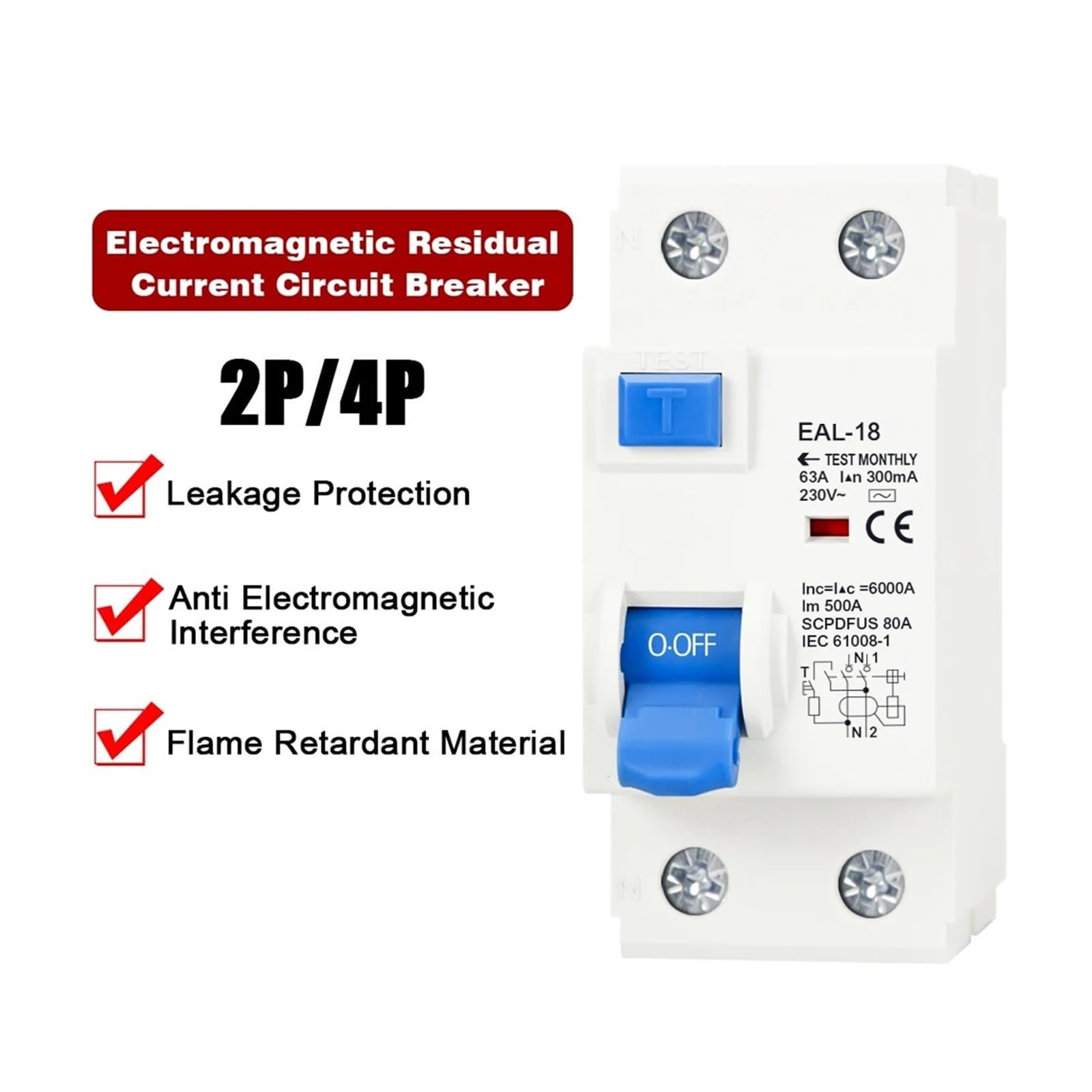 2P 4P 10/30/100/300mA Type AC RC CB R CD EL Electromagnetic Residual Current Circuit Breaker Differential Safety Switch(100mA,4P 50A)