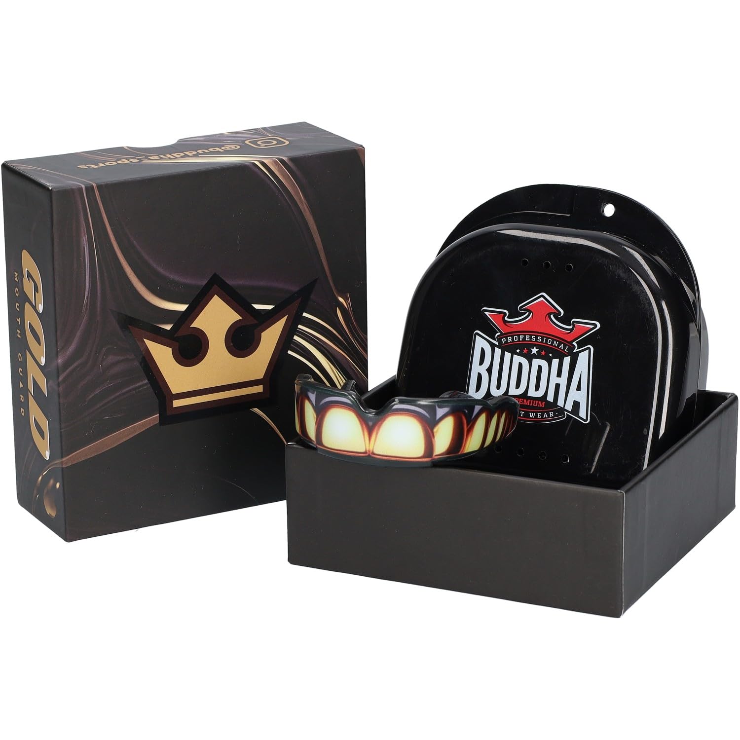 BUDDHA FIGHT WEAR Protège-dents premium adultes et enfants à partir de 12 ans pour tous les sports de contact, y compris le rugby, le MMA, le kickboxing, le judo, le hockey et la boxe (noir-or)