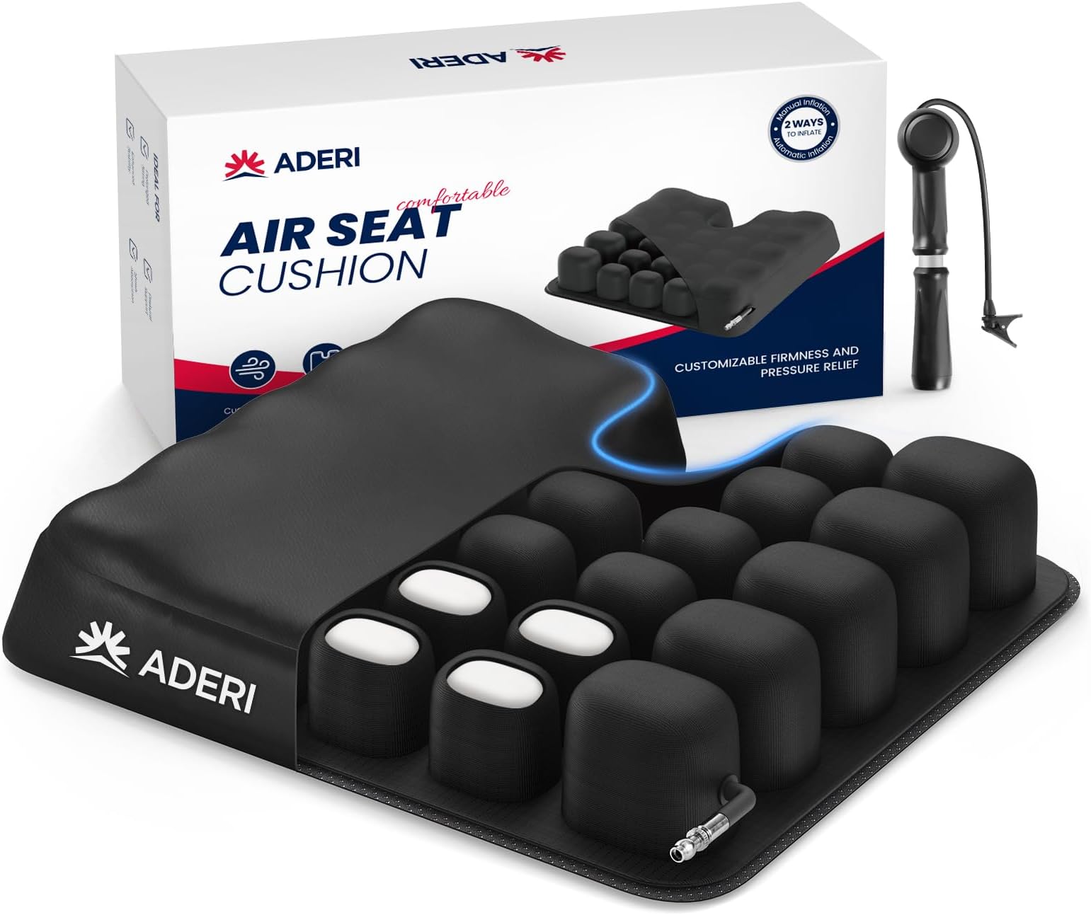 Airbag Wheelchair Cushion with Ventilation Channels for Pressure Sore & Ulcer, U-Shaped Inflatable Pressure Relief Seat Cushion for Tailbone, Back Pain Relief, Waterproof Fabric & Non-Slip Base