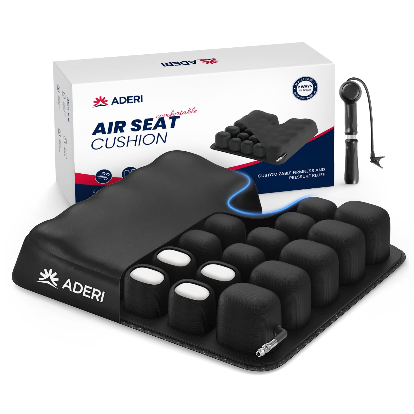 Airbag Wheelchair Cushion with Ventilation Channels for Pressure Sore & Ulcer, U-Shaped Inflatable Pressure Relief Seat Cushion for Tailbone, Back Pain Relief, Waterproof Fabric & Non-Slip Base