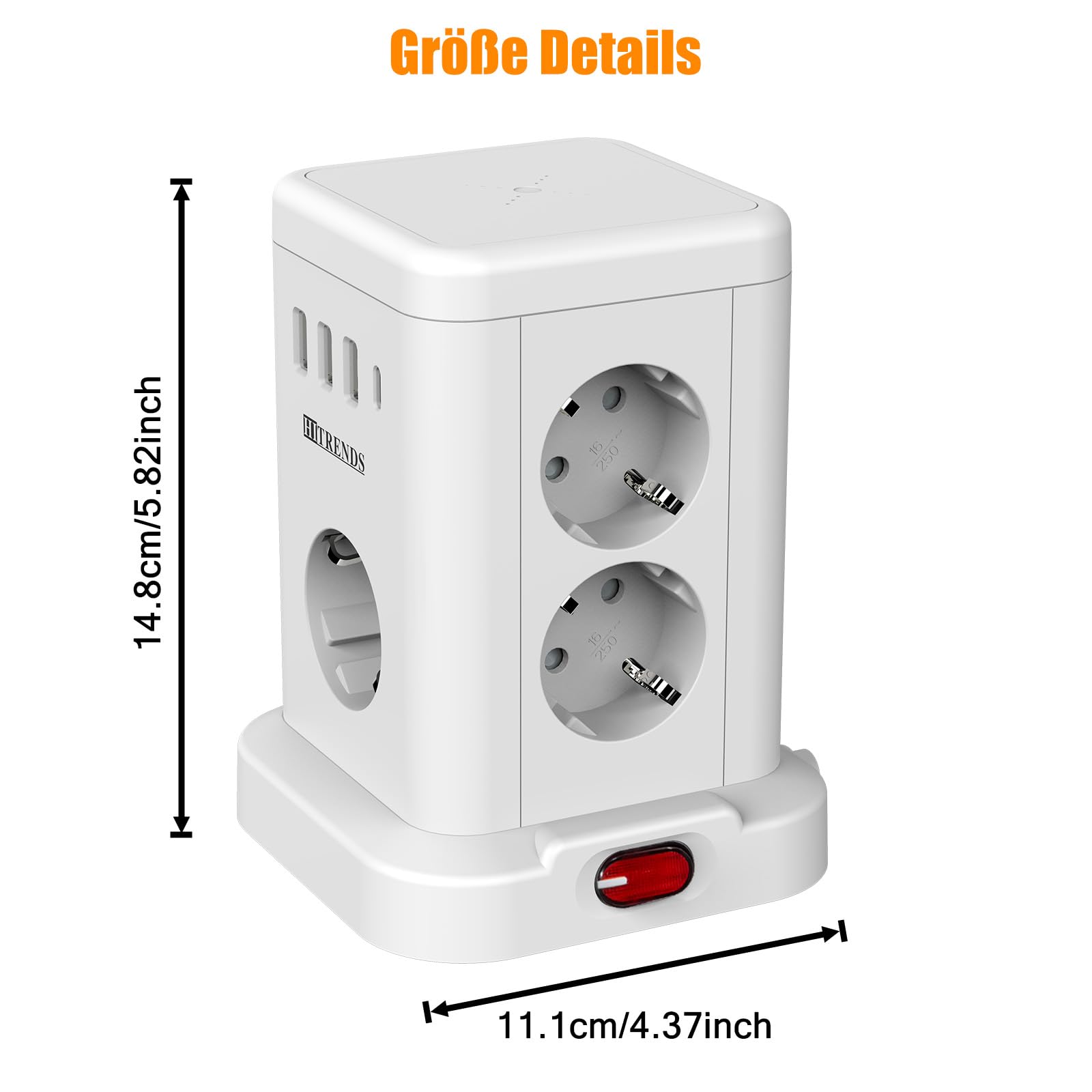 Torre de 7 enchufes con cargador inalámbrico, protección contra sobretensiones, interruptor, 10 A, 2300 W, regleta (7 Schuko + 4 USB), enchufe múltiple con cable de extensión de 2 m, para oficina