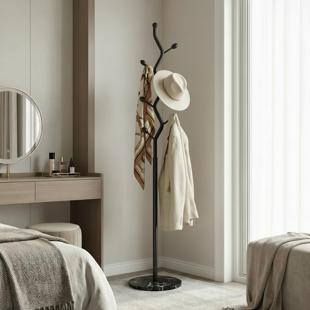 Freestanding Tree Branch Coat Rack with Marble Base, Gold Decorative Standing Coat Rack with 8 Hooks, Sturdy Heavy Duty Metal Coat Hanger Stand for Entryway Bedroom Living Room (All Black)
