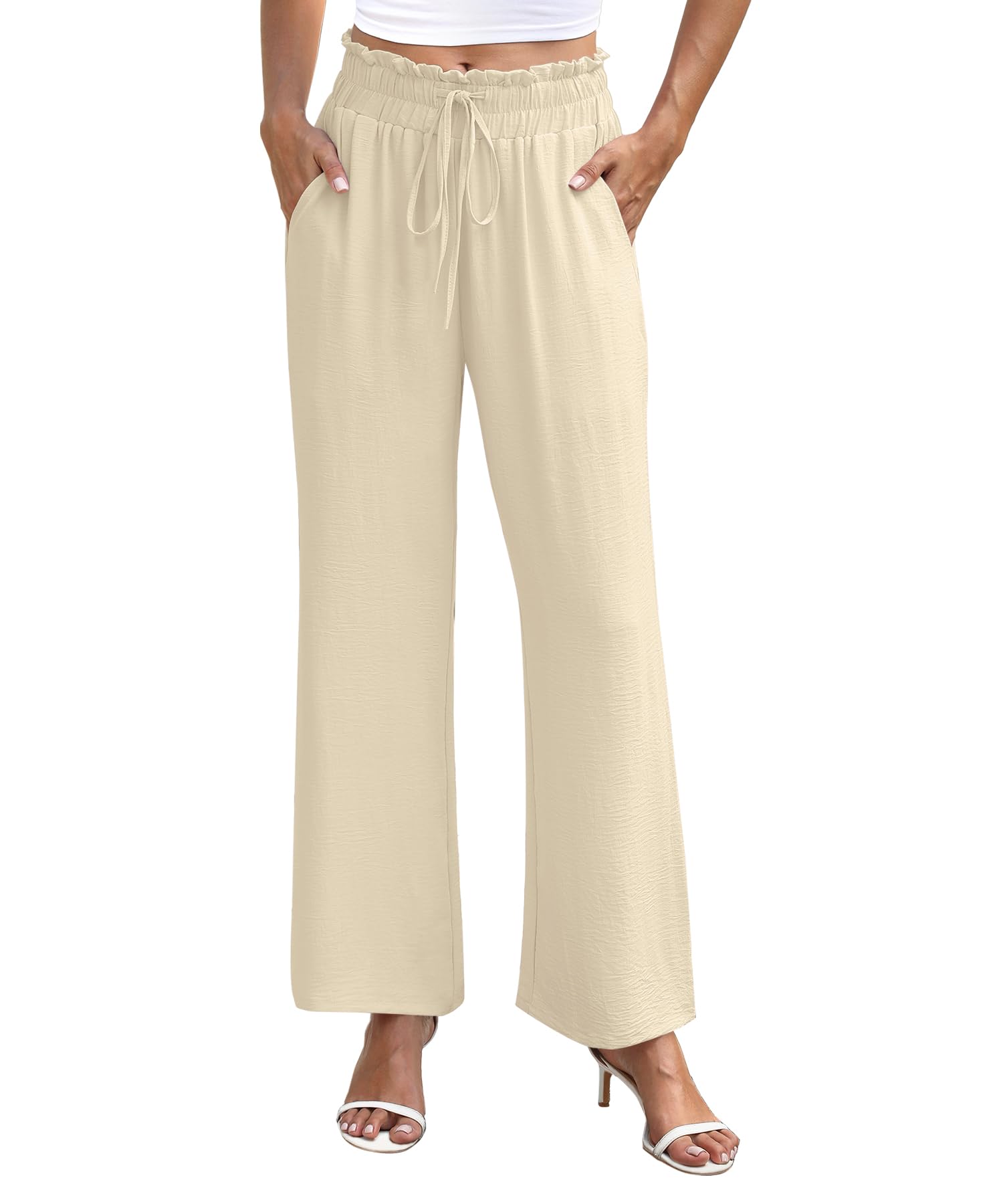 NILOUFO Womens High Waist Wide Leg Pants Elastic Drawstring Casual Loose Flowy Trousers with Pockets