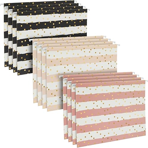 Paper Junkie Paquete de 12 carpetas colgantes decorativas a rayas con pestaña de 15 para archivador, puntos de lámina dorada (3 colores, 11.75 x 9
