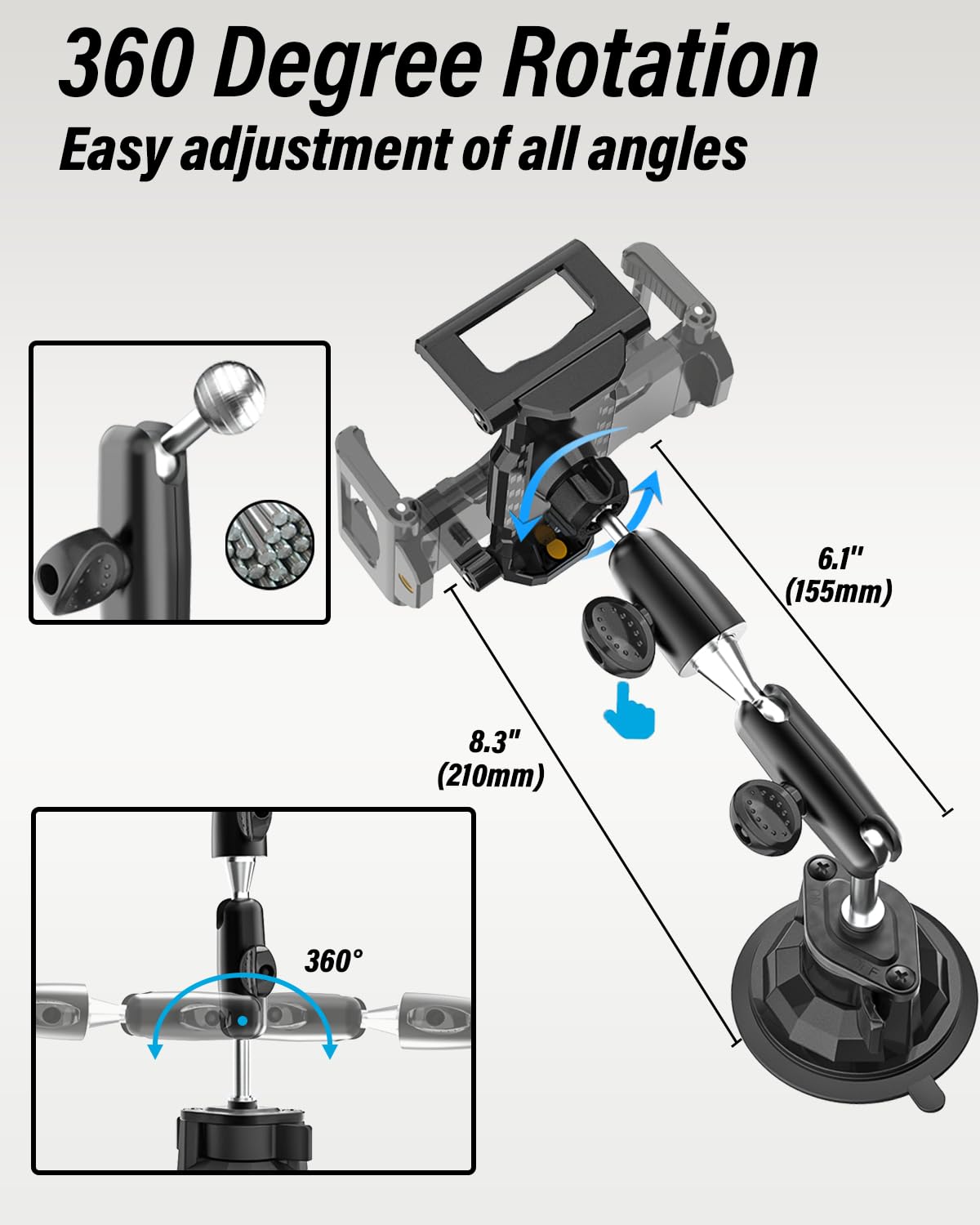 Dashboard & Windshield Car Tablet Mount Holder, [360° Flexible Metal Arm] Ultra-Stable Suction Cup Tablet Holder for Truck, Fit 6-15.6'' Tablets & Phone, for iPad Pro Air Mini, Galaxy Tab, iPhone
