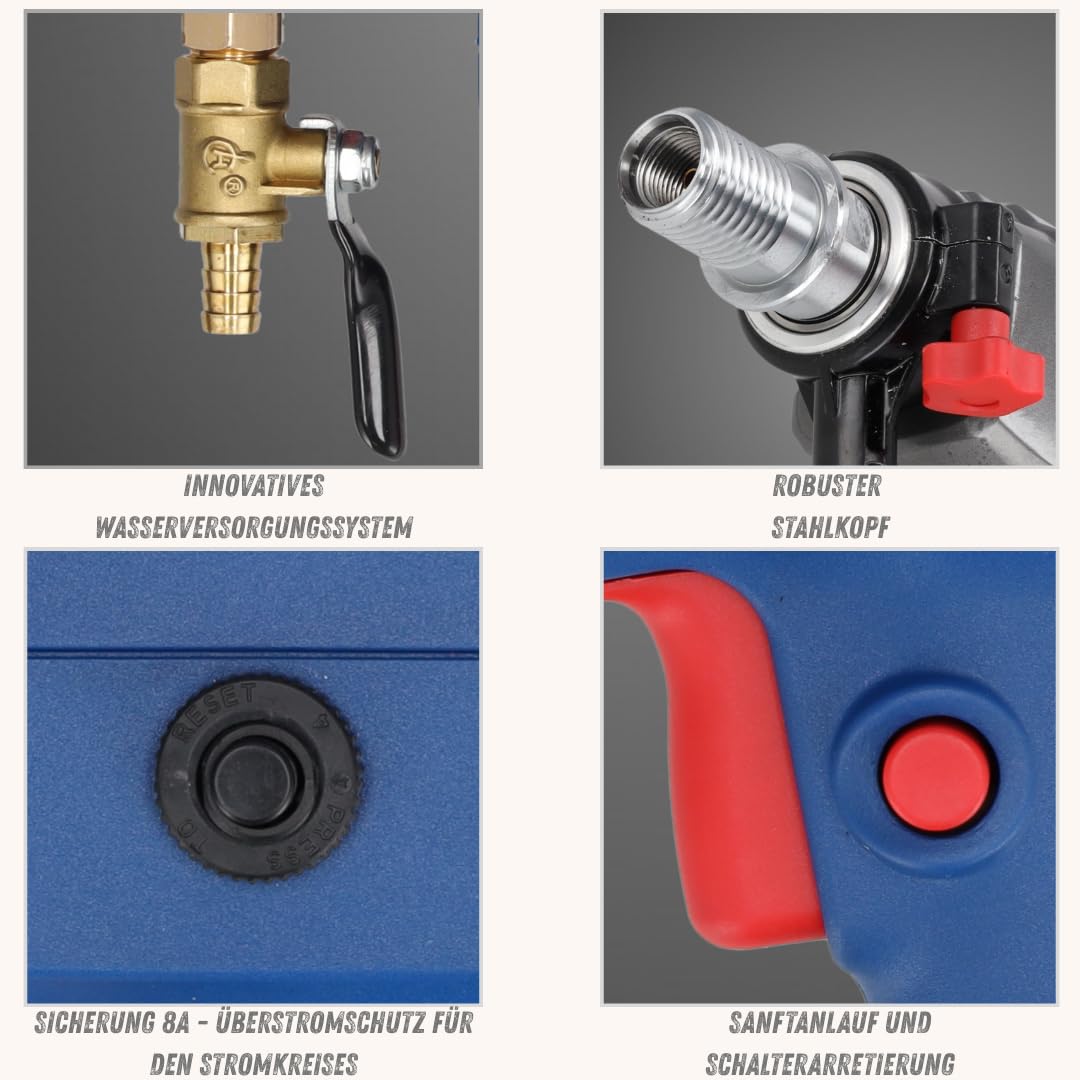 Trapano a nucleo DEDRA max. diametro Ø 130 mm spessore 1700 W, peso 4,8 kg, 0 – 1990 giri/min, protezione IP20, softgrip, velocità regolabile, interruttore PRCD, inserto corona da 1 ¼"