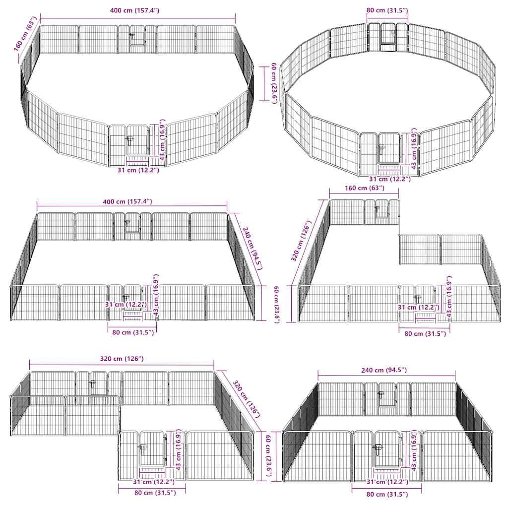 Box per Cani 16 Pannelli Acciaio 60x80 cm Nero | 2 Porte a Battente con Chiavistelli, Pali da Terra Inclusi, Uso Esterno e Interno
