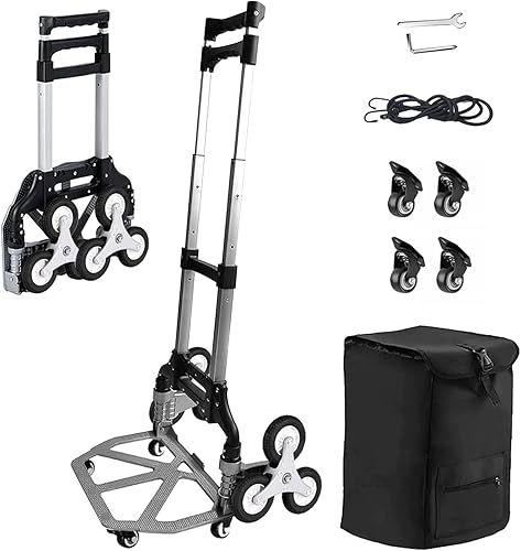 CCJH Carro de mano plegable de capacidad, 4 ruedas universales y 2 cuerdas elásticas, carrito de escalada de escalera de aluminio con mango