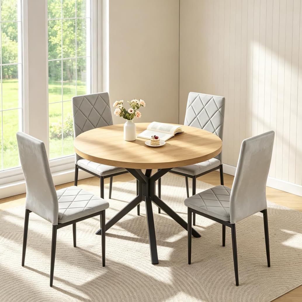Homullel Round Dining Table and Chairs Set 4 Seater Kitchen Dining Set, 5 Pieces Table & Chairs Dinner Table Set for 4 (Oak Round Cross, 4 Seats, Gray Flannel Argyle Grid)