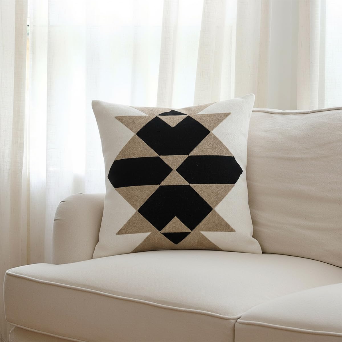 IKATYARN Black White Coffee Aztec Embroidery Throw Pillow Cover, Boho Tribal Geometric Pillowcase, Modern Farmhouse Brown Cushion Case for Couch Sofa