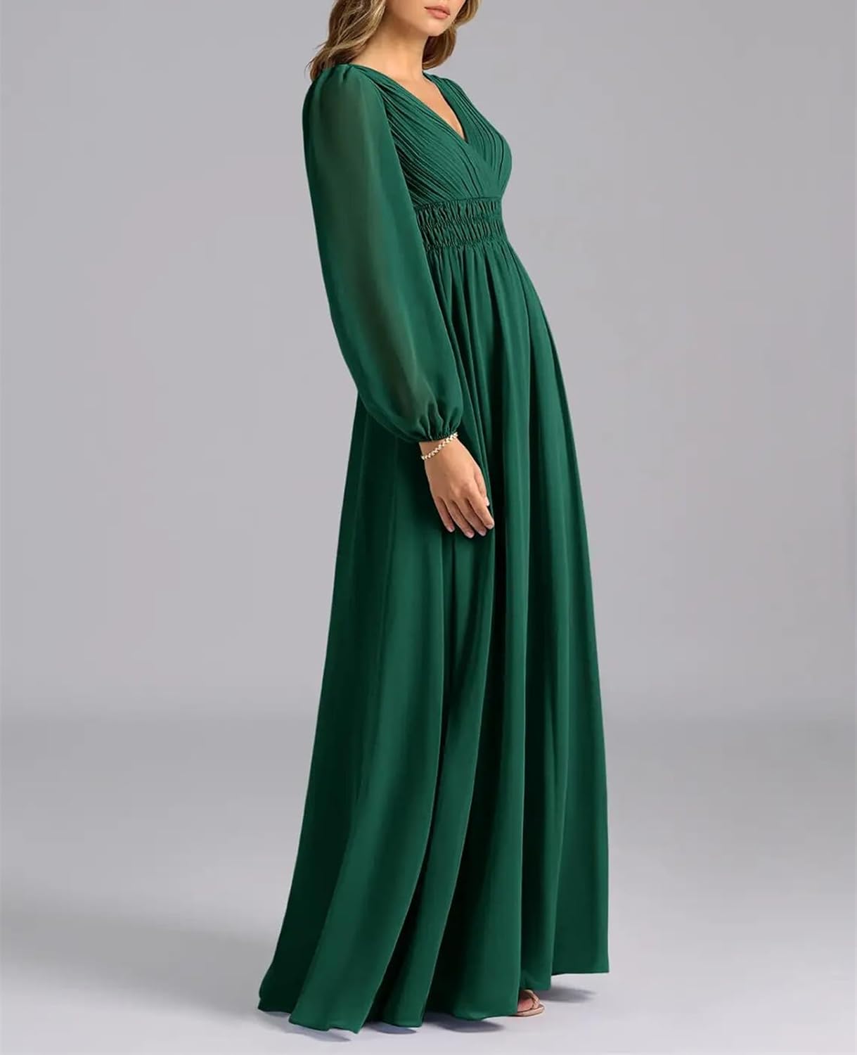Women's Pleated V-Neck Maxi Dress - Long Puff Sleeve Smocked Waist Flowy Formal Wedding Guest Evening Gown - Image 3