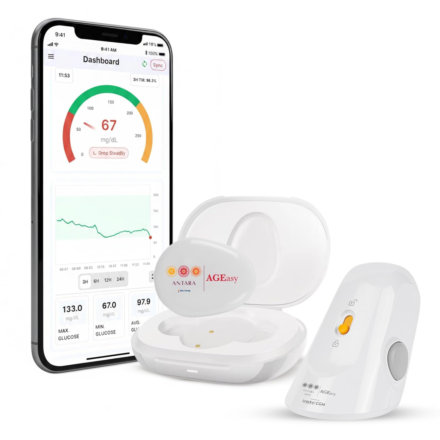 Antara AGEasy (Max Group) CGM Sensor & Transmitter for Smart Glucose Tracking | Real-Time Blood Sugar Level Tracking | Bluetooth-Enabled Continuous Glucose Monitor Device | Needleless Patch Sensor – No Finger Pricks, Waterproof, Compact & Lightweight, 14-Day Sensor Life | Reusable Transmitter with 2-Year Warranty & Instant Charging