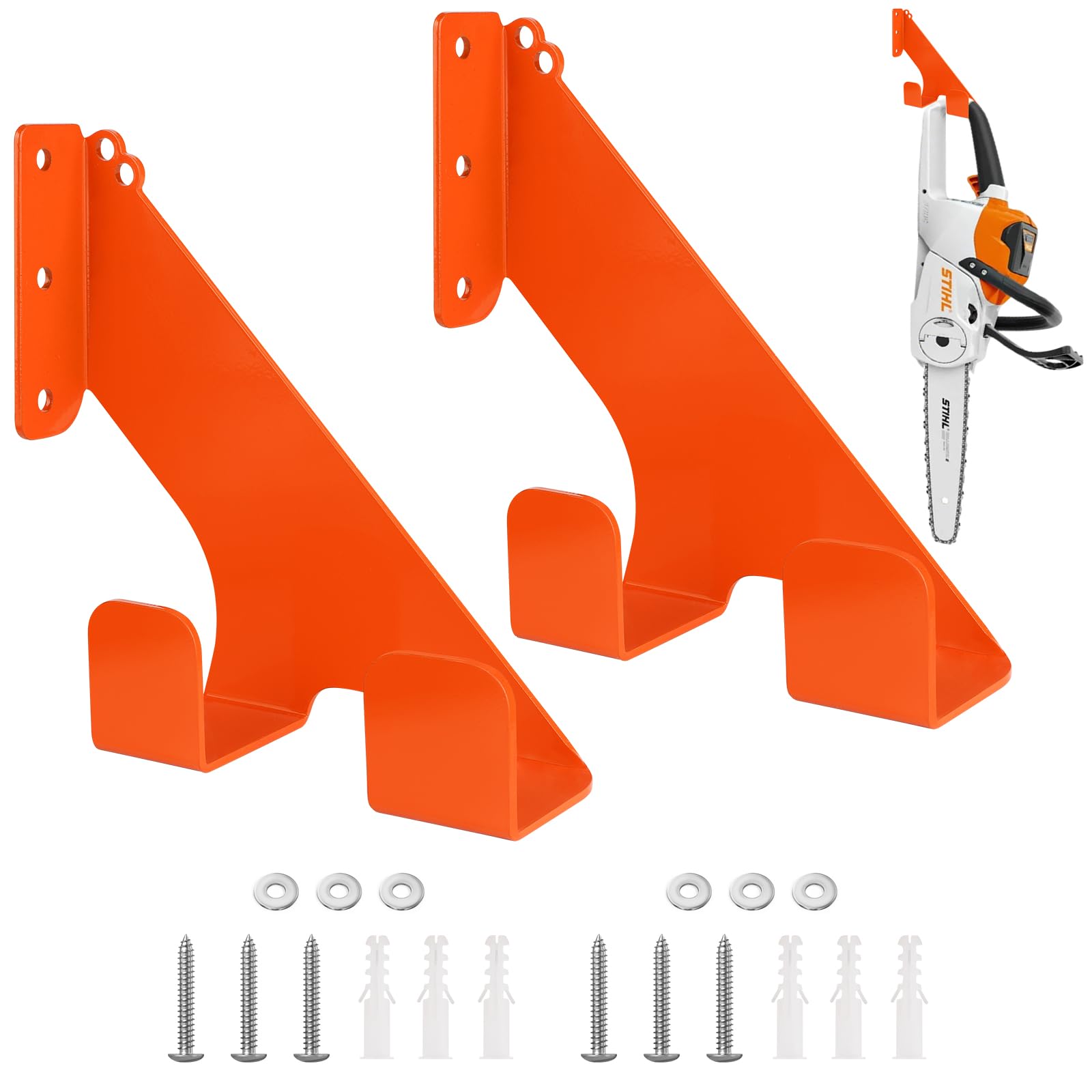 EliphonTowne 2 PCS Wall Mount Chainsaw Holder - Orange Garage Chain Saw Storage Bracket, Heavy Duty Wall Chainsaw Hooks, Chainsaw Ladder Hooks Suitable for Stihl Series Chainsaws 0210