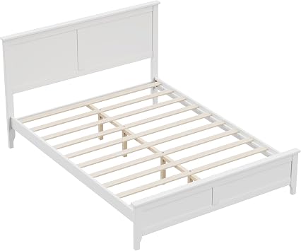 Queen Size Platform Bed, Wooden Queen Bed Frame, Modern Solid Wood Queen Platform Bed Frame, White