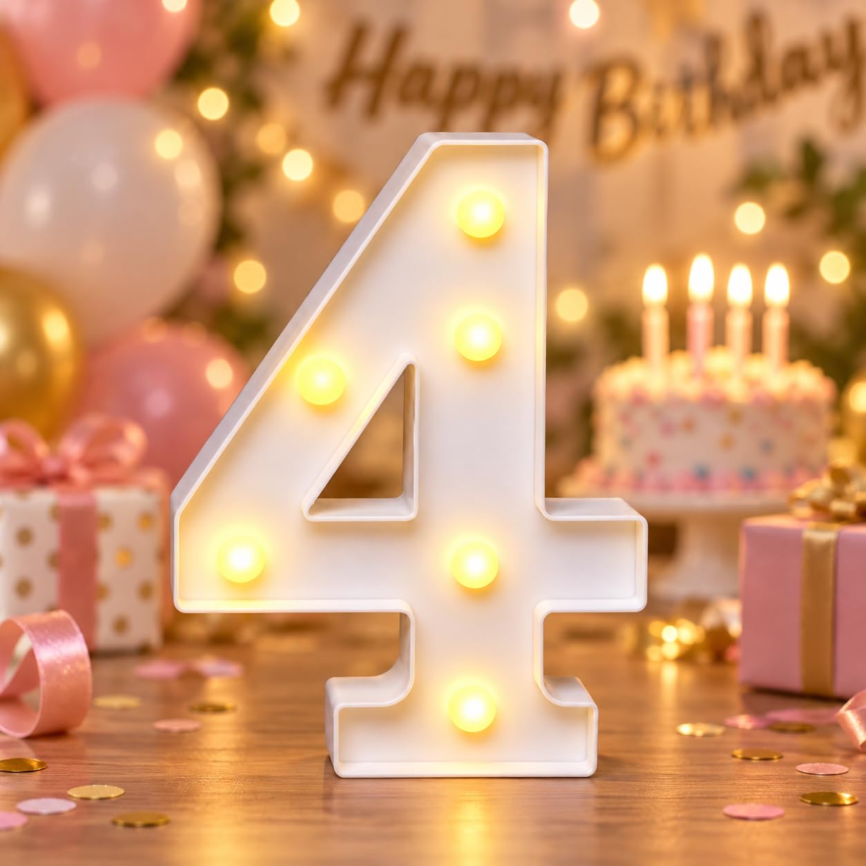 Light Up Number 4 for Birthday Decorations, Warm White LED Number Light