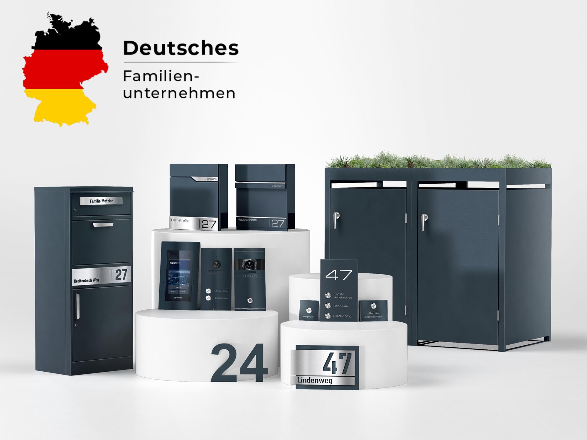 Metzler Box à poubelles 3x240L Anthracite & Aspect Bois avec Toit végétal & Bande de visibilité, Habillage pour 3 bacs avec Couvercle Automatique, Acier poudré Inoxydable, verrouillable