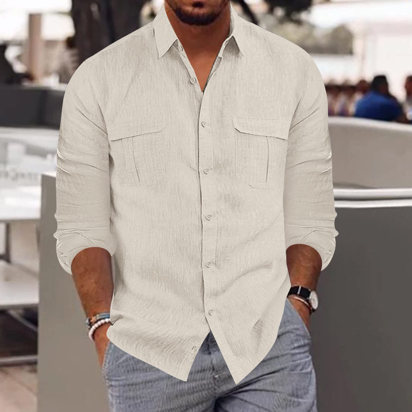 Chemise d'été à manches longues pour homme - Coupe droite - Décontractée - En coton - Manches longues - Chemise d'affaires pour homme - Couleur unie - Basique - Pour homme