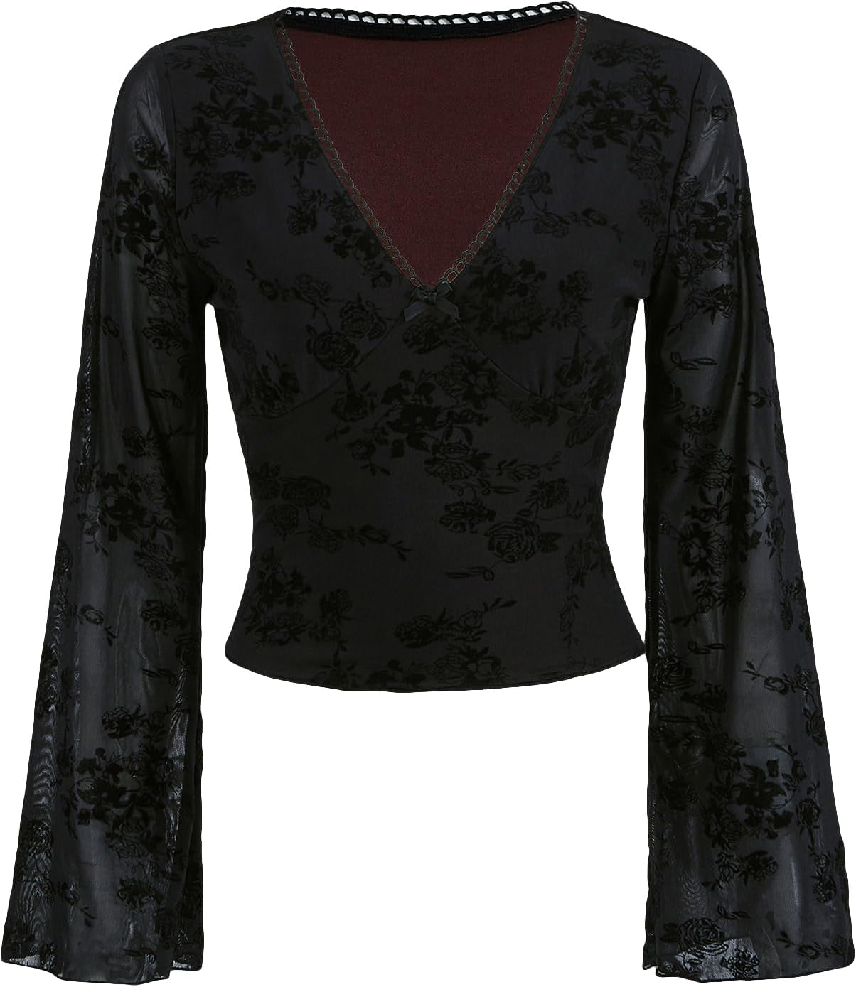 Women's Floral Print Flare Sleeve Lace Trim Mesh Crop Top Tee Shirts