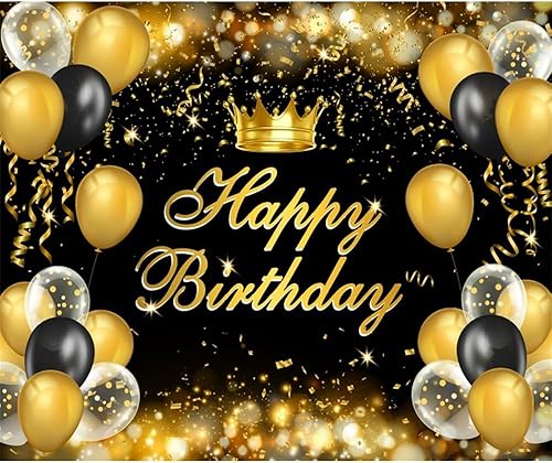 Miniatura 1 de Laeacco Telón de fondo de feliz cumpleaños de 10 x 8 pies, color negro y dorado, para fotografía de cumpleaños, globos con purpurina Bokeh,