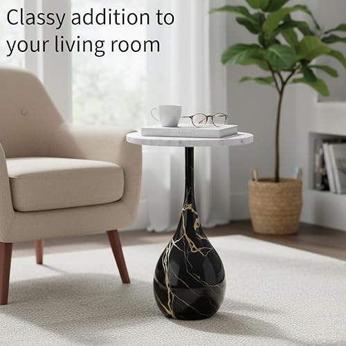 Miniatura 4 de Mesa auxiliar de mármol para sala de estar, mesa auxiliar redonda de mármol para espacios pequeños (negro y dorado)