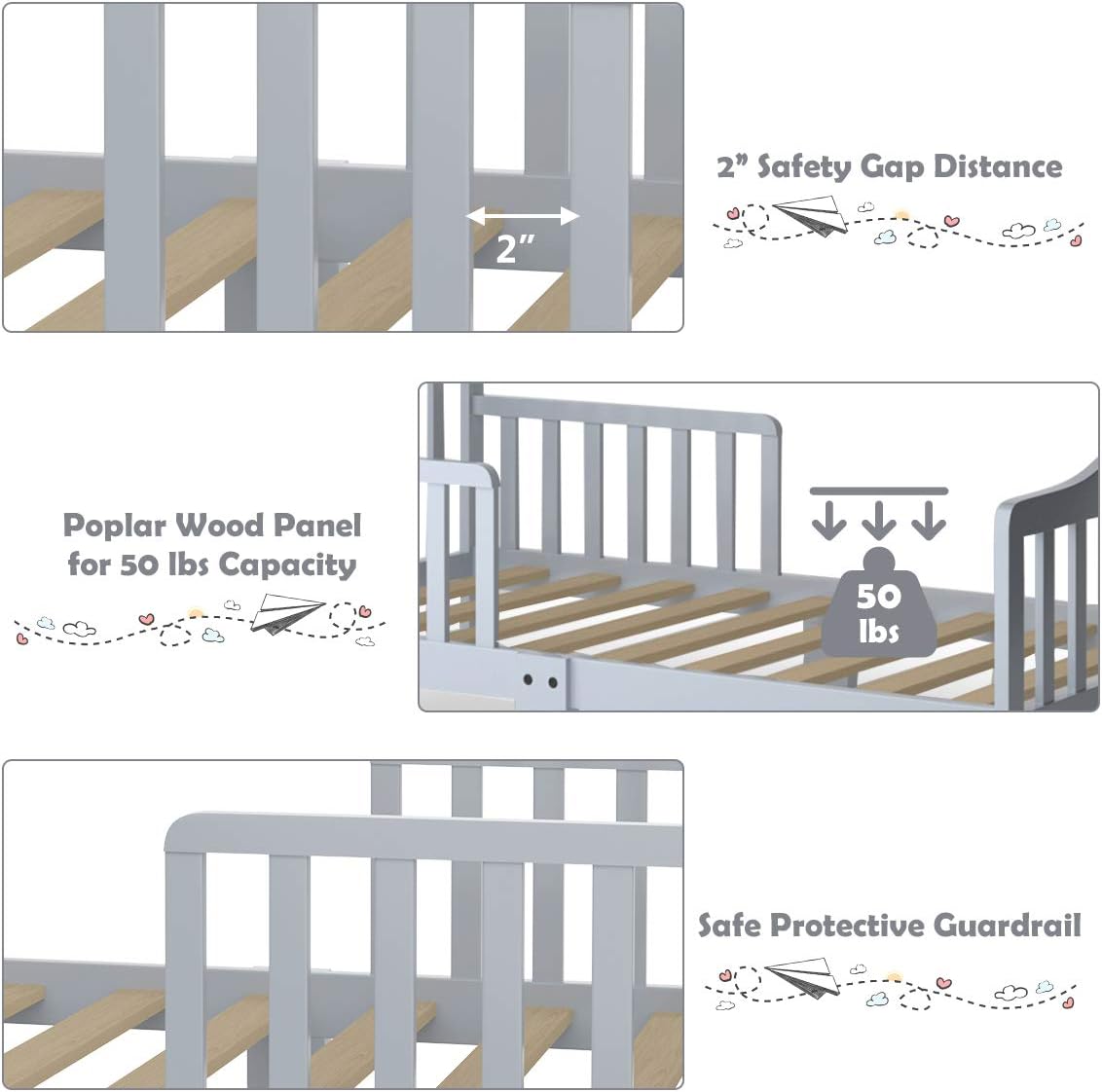 HONEY JOY Toddler Bed Frame, Solid Rubber Wood Frame w/Safety Guardrail, Fits Crib Full Size Mattress (Not Included), Children Classic Sleeping Bedroom Furniture for Kids Boys Girls (Gray)
