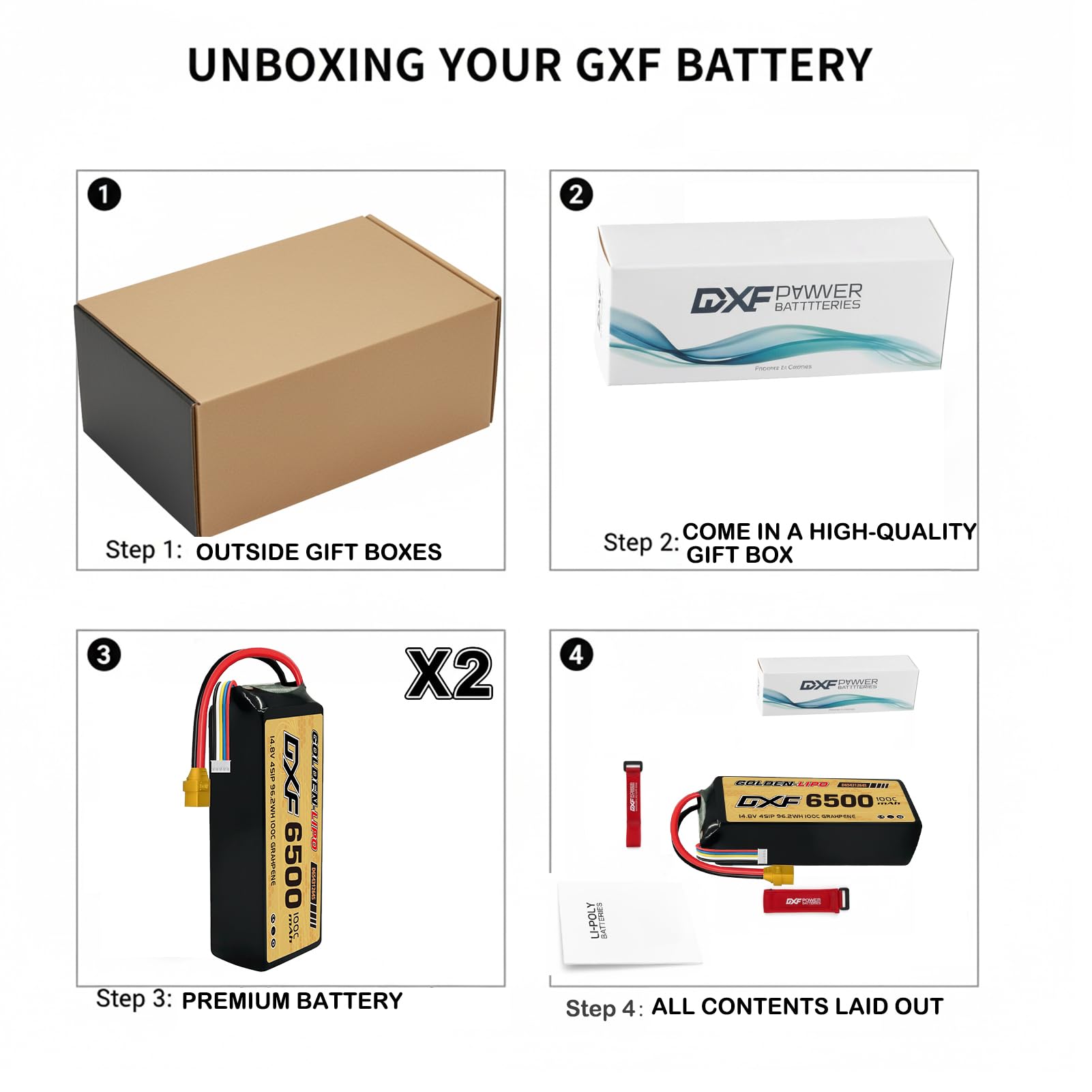 DXF Batteria 4S LiPo 14,8 V 6500 mAh 100 C XT90 – RC Lipo batteria 4S per auto, aeroplano, elicottero, barca, batteria ai polimeri di litio, confezione da 2 pezzi