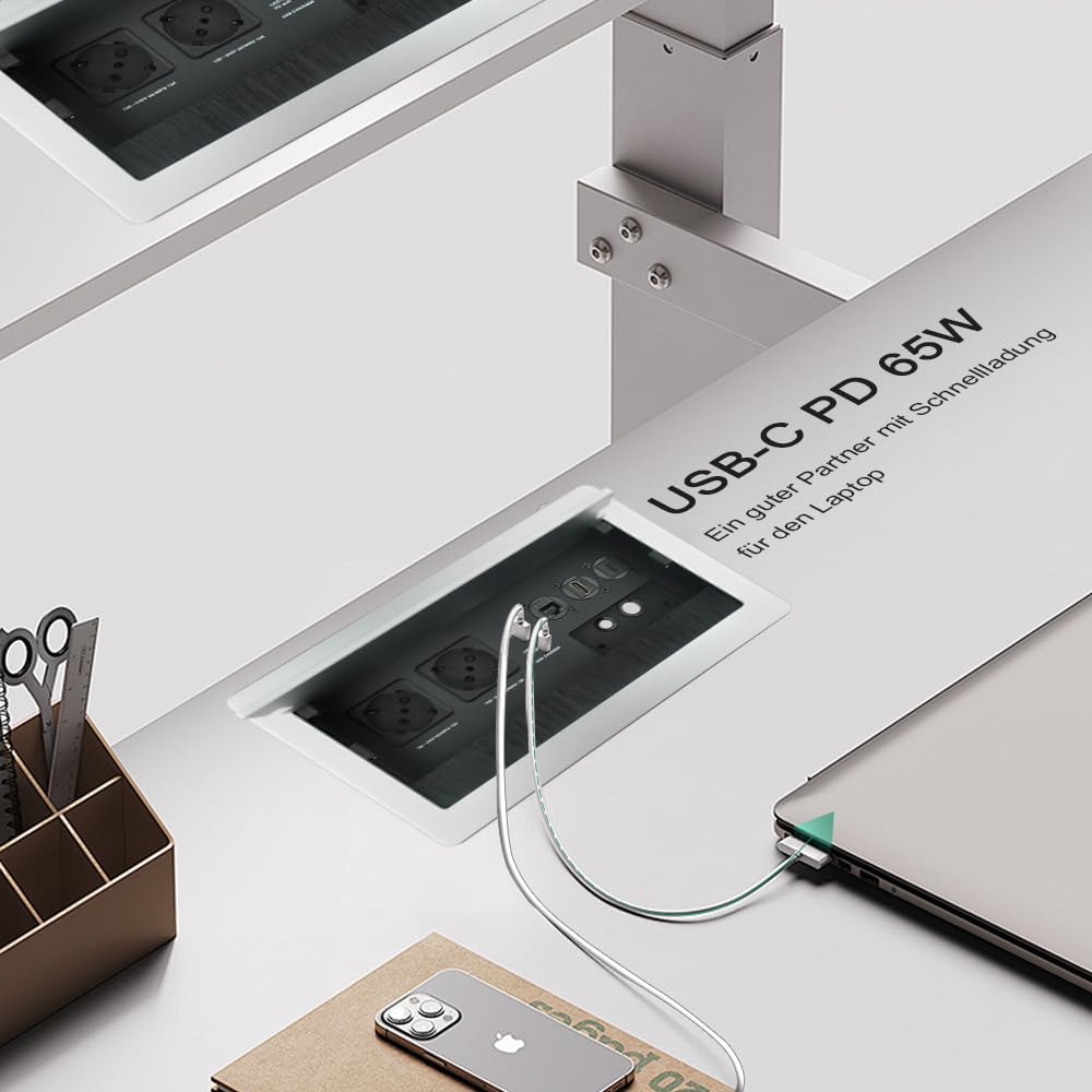 Gniazdko stołowe, aluminiowa listwa zasilająca, 2 x gniazdo Schuko, 1 x ładowarka USB-A+C (PD 65 W), 1 x kabel CAT6, 1 x HDMI, 1 x USB-C, 1 x kabel zasilający 1,7 m, 4 x uchwyt kablowy, gniazdo