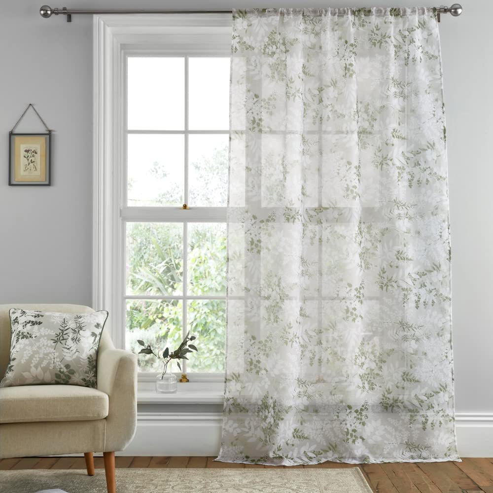 Dreams And Drapes  Green Tiverton Voile Leaf Print Slot Top Panel in Size 140x183cm, Sports Direct