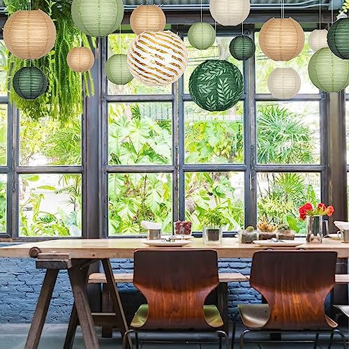 Image of 16-Pack Chinese Paper Lanterns, Sage Green Brown Party Decorations | 4 /6 /8 /10 /12-Inch Hanging Lanterns with Olive Leaf and Foil Stripes for Jungle Themes, Birthdays, Weddings and Baby Showers