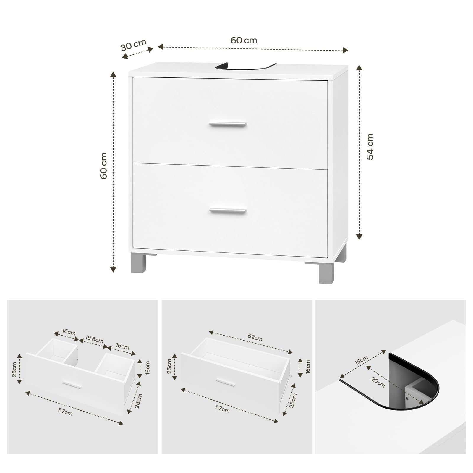 eSituro Mobile da Bagno Sottolavello, Mobile da Pavimento per Bagno, con 2 Cassetti, 60x30x60 cm, Bianco