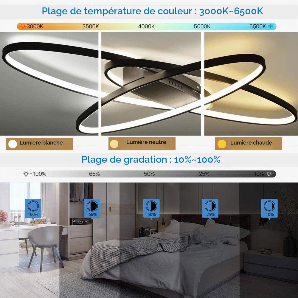 LED Plafonnier Dimmable 46W | Moderne à 3 Anneaux avec Télécommande Lampe De Plafond Noir Lampe de Salon 3220LM Éclairage de Plafond Décoratif Intérieur pour chambre, cuisine et bureau