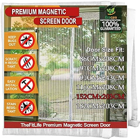 TheFitLife Magnetic Fly Screens for Doors - Heavy Duty Mesh Curtain with Full Frame Hook and Loop Powerful Magnets That Snap Shut Automatically (White 158x206cm - Fits Doors up to 152x203cm Max) Cover