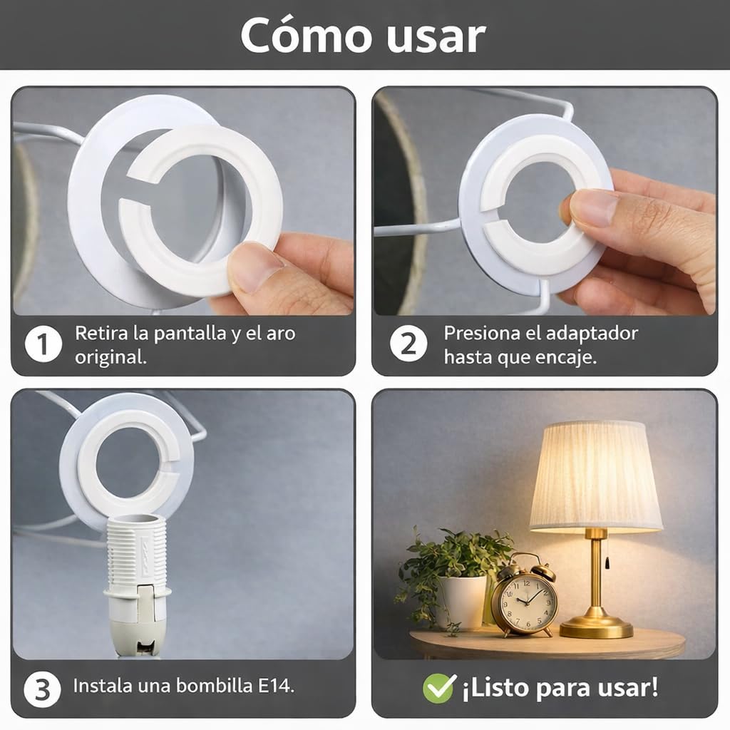 Anillos Reductores para Pantalla – Pack 5 Unidades 42 mm a 29 mm, Adaptador Pantalla Lámpara E27 a E14, Convertidor Portalámparas, Plástico Resistente Blanco, PUNTO ES LIGHTING
