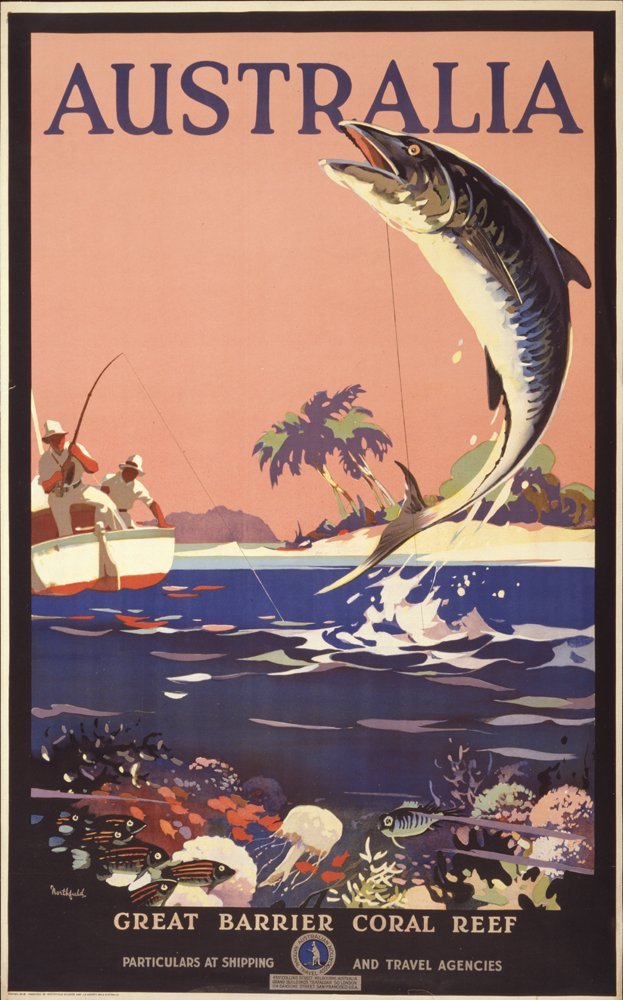 Poster de voyage Australie Barrière de Corail vintage A2 cadre bois multicolore