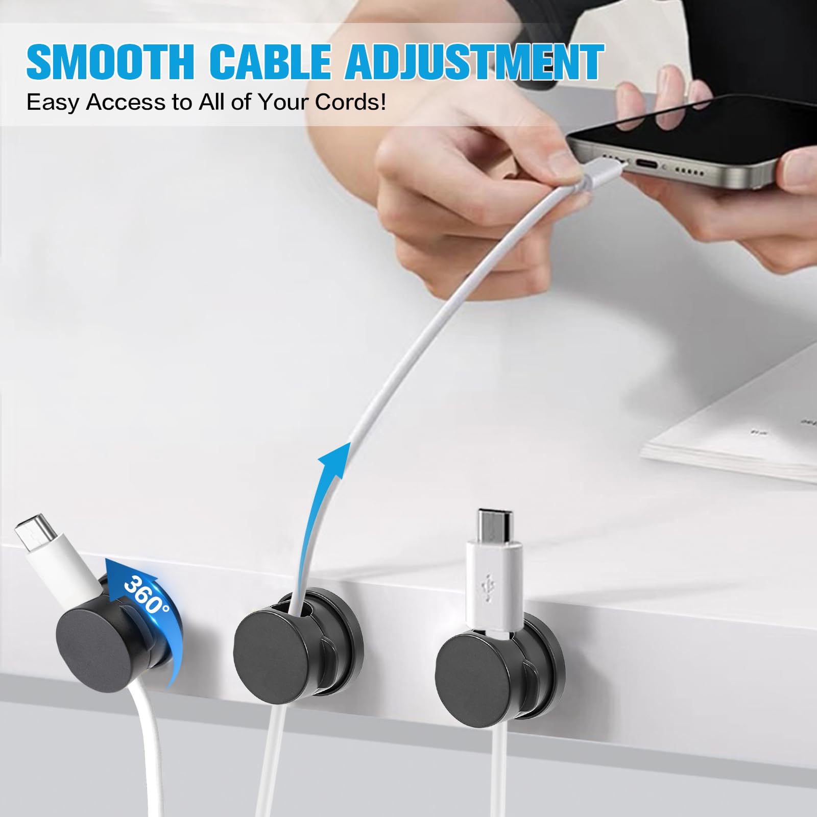 6PC Cord Organizer Holder 360 Rotatable Spring Cable Clips Strong Adhesive Cable Management Desk Accessories Adjustable Wire Organizer — view 7