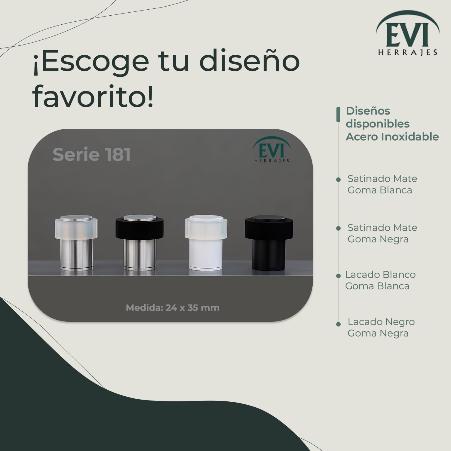EVI Herrajes | Pack 2 Topes de Puerta | Ø24x35mm | Acero Inoxidable | Goma Negra | Incluye Tornillo + Taco de Sujeción | Mod. I-18124X35-CB