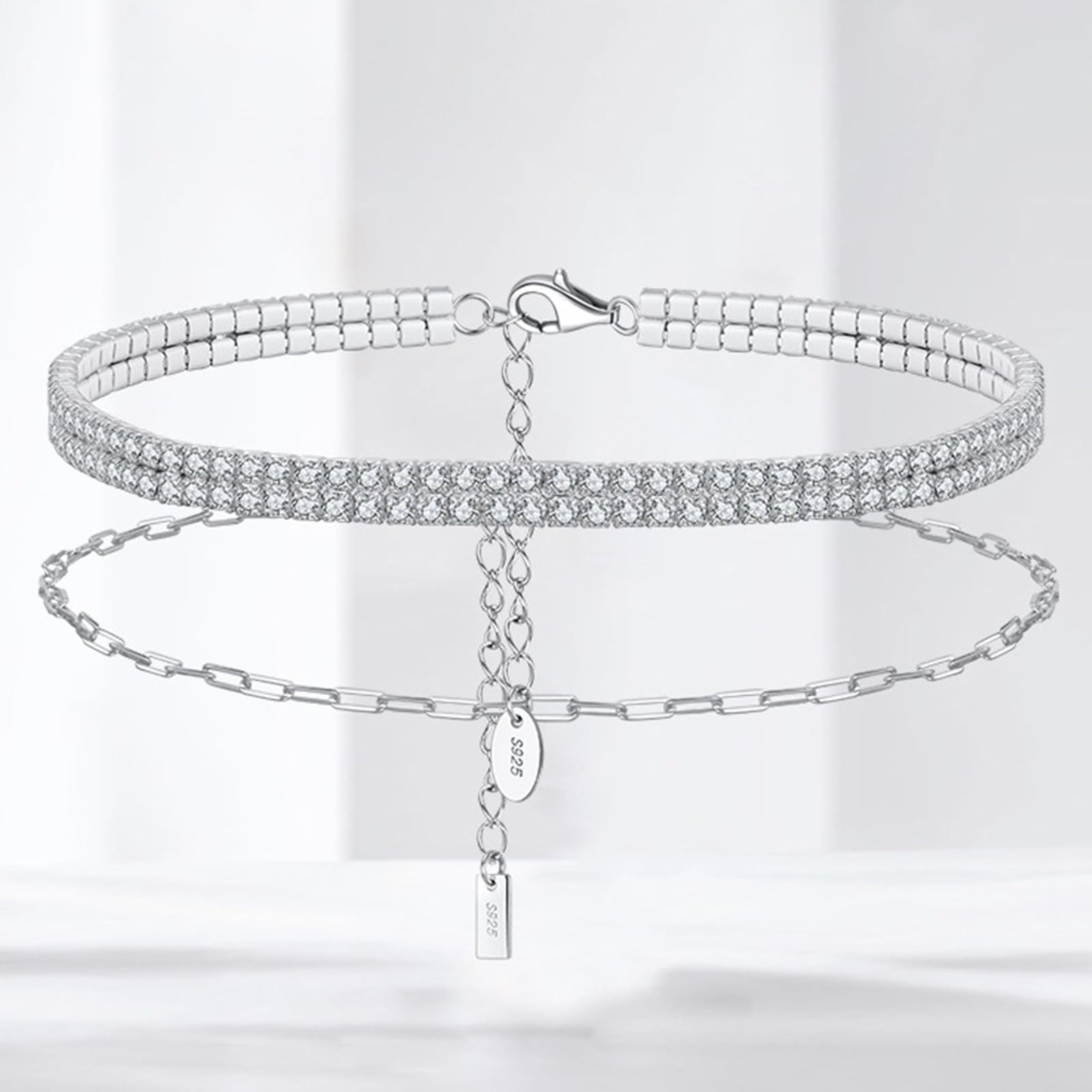 Cavigliere Donna Argento 925, Cavigliera Estiva Doppia Fila con Zirconi A Doppio Strati Argento, Regolabile Fino a 26 cm - Bracciali alla Caviglia da Spiaggia Cavigliere per Donne